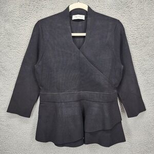The Fold London Black Knit Faux Wrap Peplum Top 3/4 Sleeve Size L Viscose Blend‎